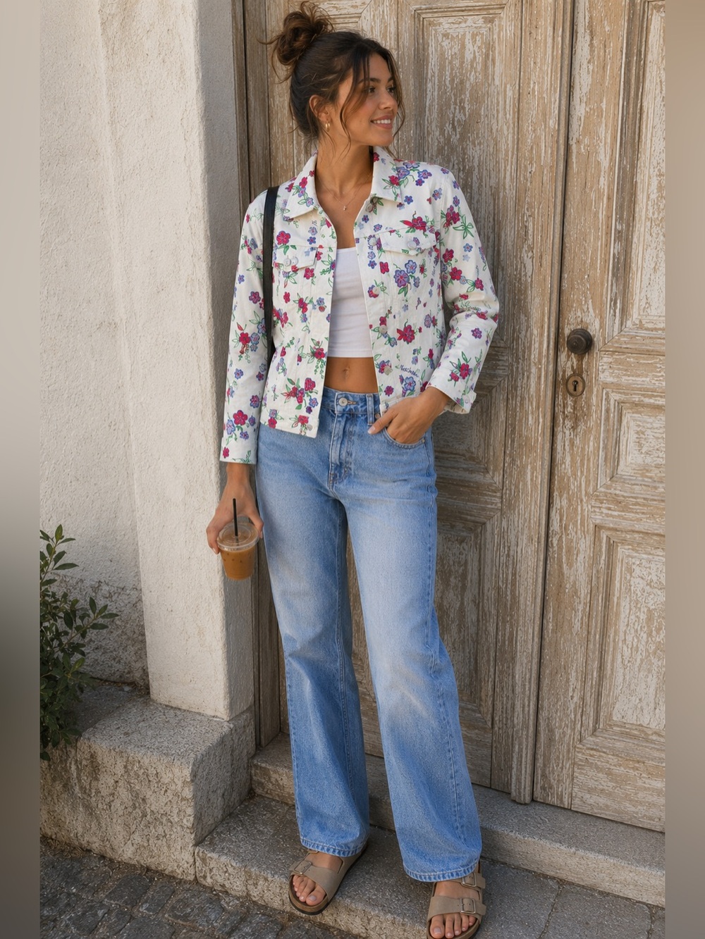 Vintage Moschino Jeans Floral Denim Jacket, 90s White Cotton Multicolor, US 12
